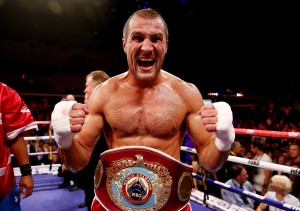 CARDIFF, WALES - AUGUST 17:  Sergey Kovalev celebrates his victory over Nathan Cleverly during the WBO World Light-Heavyweight Championship bout at Motorpoint Arena on August 17, 2013 in Cardiff, Wales.  (Photo by Scott Heavey/Getty Images)