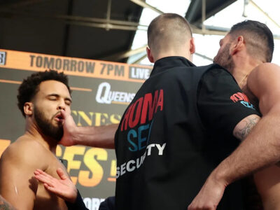 Filip Hrgovic slapping Moses Itauma at their weigh-in