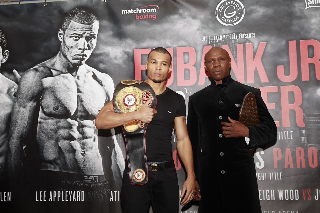 SHEFFIELD BOXING PRESS CONFERENCE MERCURE HOTEL,SHEFFIELD PIC;LAWRENCE LUSTIG WBA INTERIM MIDDLEWEIGHT TITLE HOLDER CHRIS EUBANK JNR WITH DAD CHRIS BEFORE HE DEFENDS HIS TITLE AGAINST TONY JETER AT SHEFFIELD ARENA ON SATURDAY(OCTOBER 24TH)