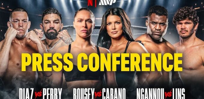 RONDA ROUSEY VS. GINA CARANO & NATE DIAZ VS. MIKE PERRY CONTROVERSIAL NETFLIX MVP NYC PRESS CONFERENCE VIDEO