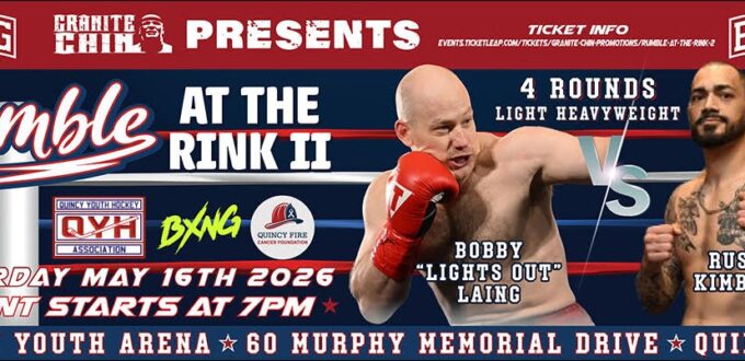 Granite Chin Promotions Presents At the Rink 2 in Quincy, MA 66 An intriguing light heavyweight bout between contrasting-styled Massachusetts fighters, Bobby “Lights Out” Laing (2-0, 2 KOs) and Russ Kimber (3-3, 1 KO), could steal the May 16th “Rumble at the Rink II” show, presented by Granite Chin Promotions, at the Quincy Youth Arena in Quincy, Massachusetts.