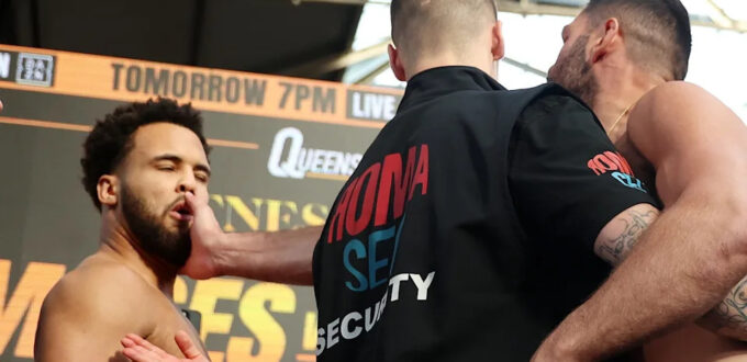Filip Hrgovic slapping Moses Itauma at their weigh-in