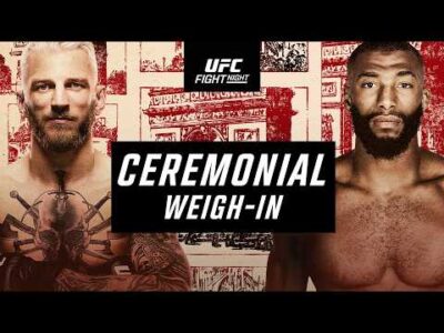Dan Hooker and Salahdine Parnasse face off at the UFC Paris ceremonial weigh-in